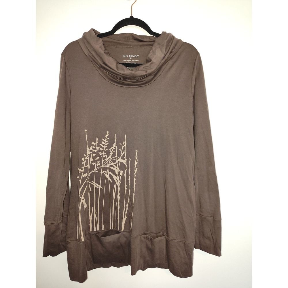 Fair Indigo Brown Organic Pima Cotton Cowl Neck Botanical Tunic Top XL F18 1045